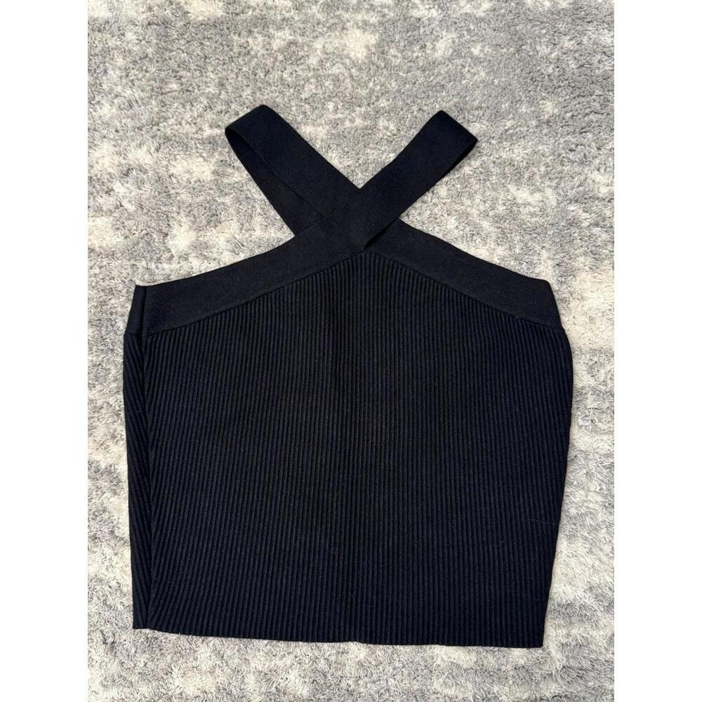 AQUA Women's Ribbed Knit Cross Strap Sleeveless Top - Size Small Black